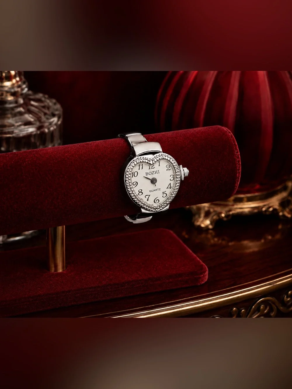 Silver Heart-Shaped Rhinestone Quartz Finger Watch Ring